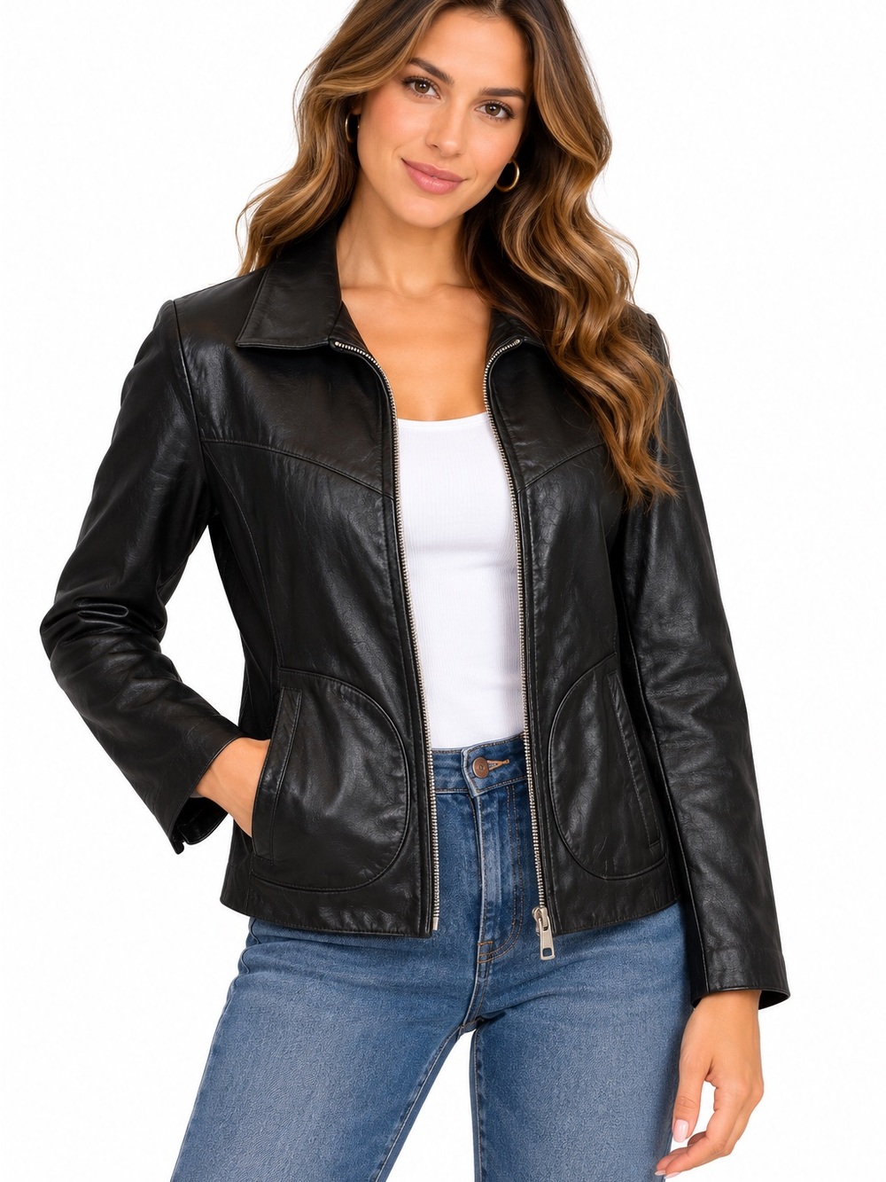 Wilsons Leather Black Zip-Front Leather Jacket with Curved Pockets